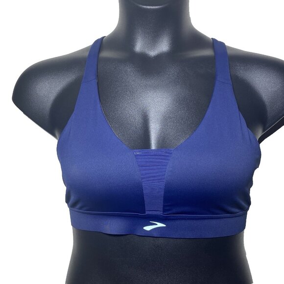 Brooks Large Drive Plunge Run Sports Bra Navy Ice Olive Compressive Strappy - Picture 1 of 11